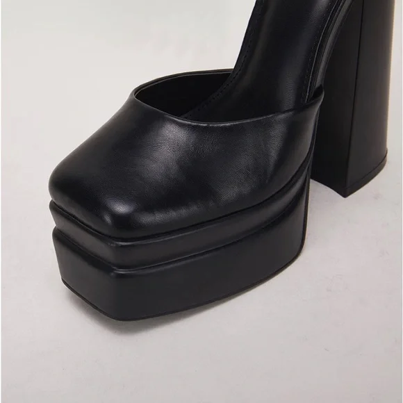 New Womens Platform Chunky High Block Heels Ankle Strap Closed Square Toe Pumps - Picture 2 of 5